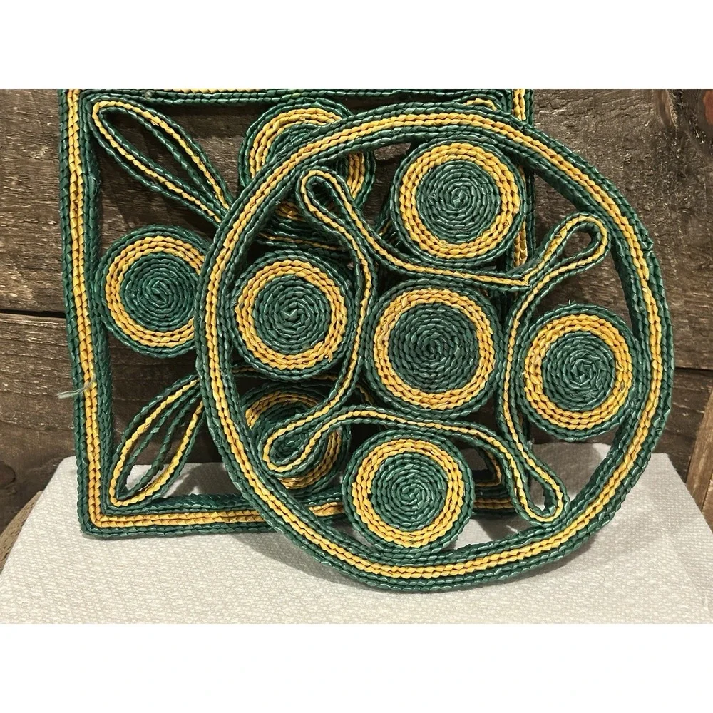 Lot of 2 Square Rattan Wicker Raffia Woven Straw Hot‎ Pad Trivets Green VTG